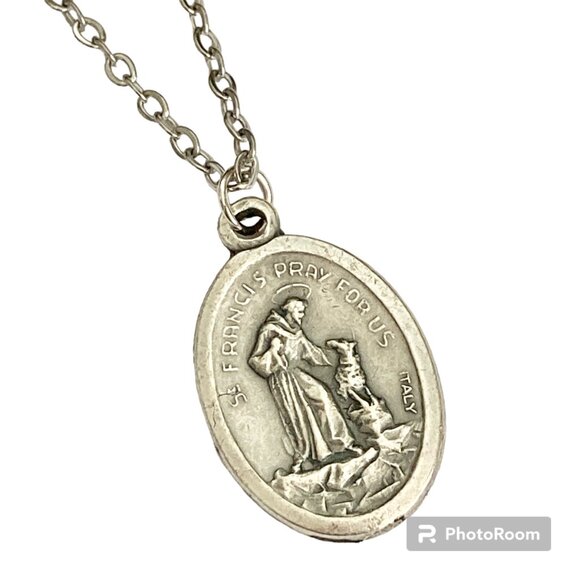 Vintage Saint Anthony Francis Medal Pendant Necklace Italy 18" Stainless Chain - Picture 6 of 15